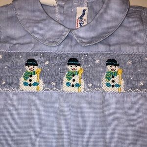 Silly Goose Hand Smocked infant romper Snowmen
